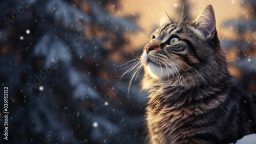 Cat gazing at falling snowflakes, surrounded by a winter landscape with frosted trees and a warm sunset glow.