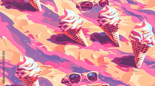 Playful Ice Cream Cones and Trendy Sunglasses on Vibrant Beach Pattern