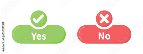 Yes and no option with tick and cross mark vector in green and red color. Yes and no buttons in green and red colors. Flat design of correct or incorrect vote question. Wrong or right answer.