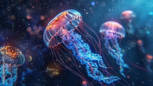 Glowing jellyfish swim deep in the blue sea. Medusa neon jellyfish fantasy in space cosmos among stars. 3D render 