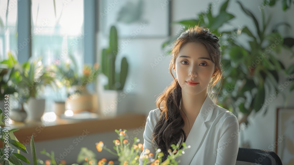 A modern Chinese office lady sits on table. simple atmosphere. the background is light full with some green plant and some flowers around there. Generative AI. A modern Chinese office lady sits on table. simple atmosphere. the background is light full with some green plant and some flowers around there. Generative AI.