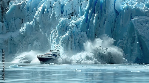 Majestic glacier calving with boat witnessing the dramatic event
