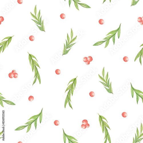 Watercolor seamless pattern of red berries and leaves. Hand-painted winter red berries on a white background. Illustration for design, print, fabric or background. Festive design.