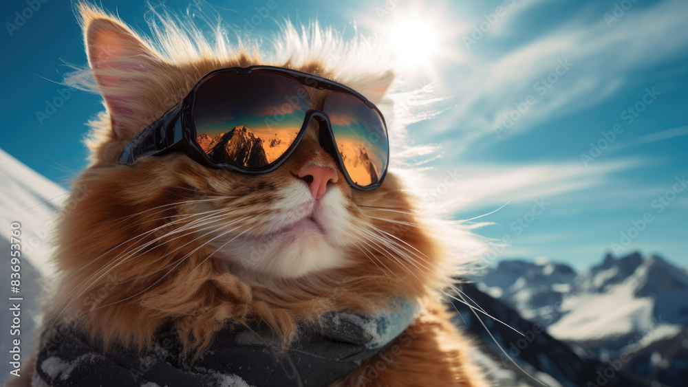 custom made wallpaper toronto digitalCat wearing ski goggles in a snowy mountain landscape, reflecting the bright sunlight and majestic peaks.
