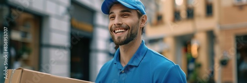 Delivery People. Smiling Delivery Man in Blue Uniform Delivering Parcel Box - Courier Service Concept