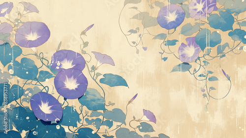 水彩画の紫色の朝顔と美しい花々の背景　背景