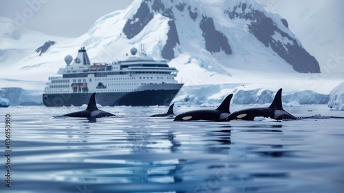 Majestic orca pod swimming near a cruise ship in the Antarctic