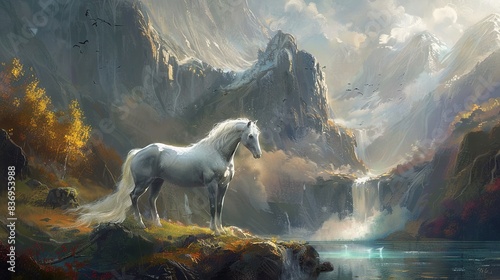Majestic horse standing in fairytale landscape