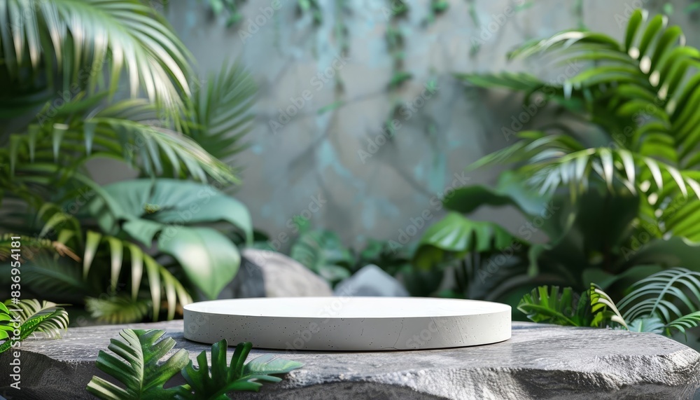 Empty round pedestal in lush green tropical garden. Ideal for product display, advertising, and design mockups. Empty round pedestal in lush green tropical garden. Ideal for product display, advertising, and design mockups.