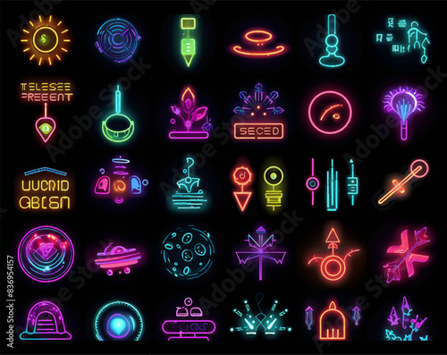 Set of neon gaming icons for casinos. Neon signs for slot machines.