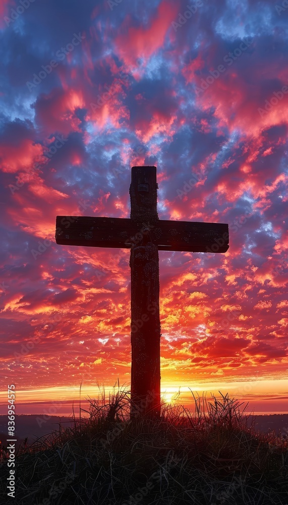 Silhouette of a Christian cross against a breathtaking sunset with vibrant red and purple clouds, symbolizing faith, hope, and spirituality. Silhouette of a Christian cross against a breathtaking sunset with vibrant red and purple clouds, symbolizing faith, hope, and spirituality.