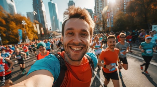 Young man marathon runner is taking a selfie picture while running a marathon, crowd of other runners and big city view in the background, Generative Ai