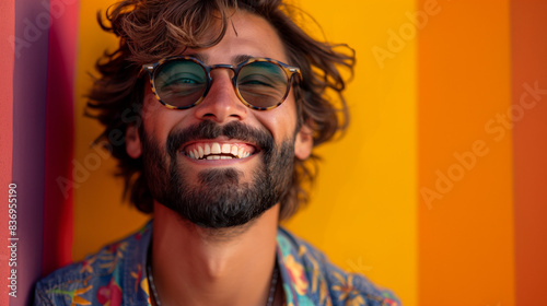 Portrait of a young colorful man smiling and color background 