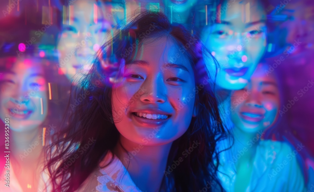 Fototapeta premium A group of smiling Asian women with long hair forms a line against a blue backdrop, illuminated by vibrant spectrum colors and cinematic lighting, with reflective and mirroring effects.