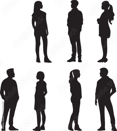 People Standing Black Silhouette isolated on white background 