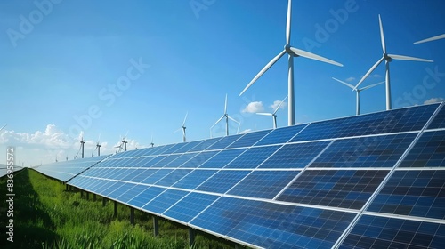 Renewable Energy Farm: On a vast renewable energy farm, rows of solar panels and wind turbines generate clean energy, providing a sustainable alternative to fossil fuels