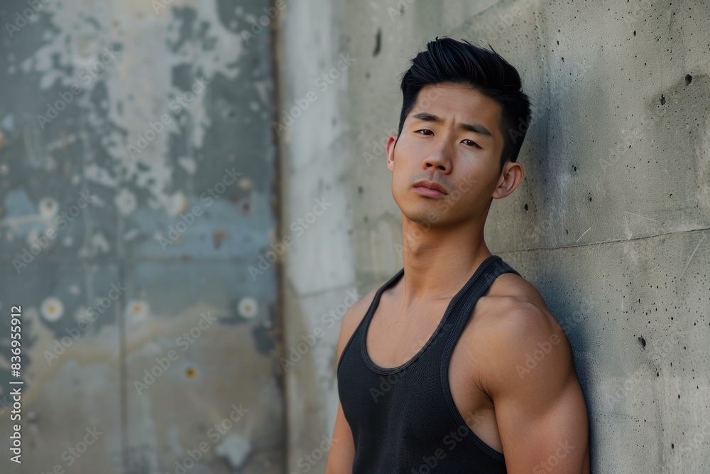 Thoughtful young man in a black tank top posing with an urban backdrop Thoughtful young man in a black tank top posing with an urban backdrop