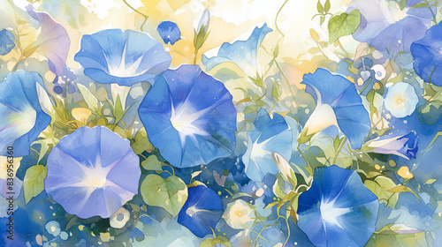 水彩画の紫色の朝顔と美しい花々の背景　背景