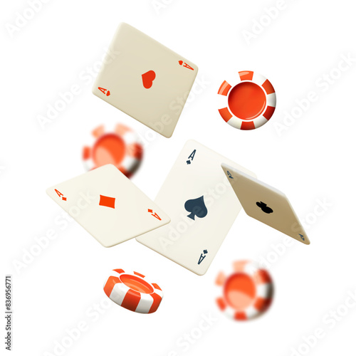 Falling casino chips with cards. Gambling design.