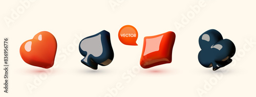 3D card suits. Hearts, diamonds, crosses and spades. Gambling design.