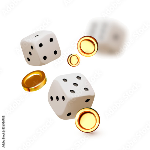 Falling dice with coins. 3D gambling and game design.