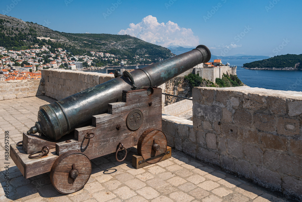 Cannon on a brick platform of Fort Lovrijenac in Dubrovnik, Croatia Cannon on a brick platform of Fort Lovrijenac in Dubrovnik, Croatia