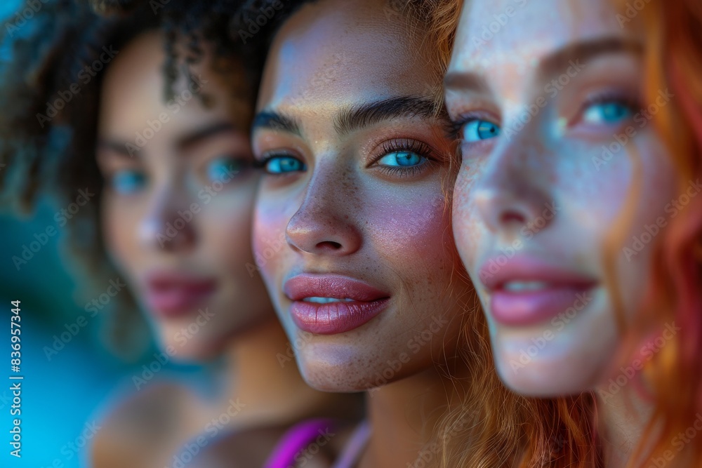 Fototapeta premium Group of smiling African Black women with long hair forms a line before a blue background, their hyperrealistic portraits illuminated by vibrant spectrum cinematic lighting.
