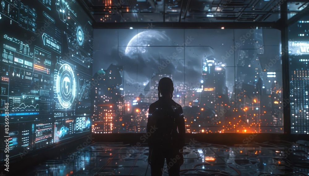 Obraz premium Silhouette of person looking at futuristic cityscape at night with digital interfaces and moon in the background.