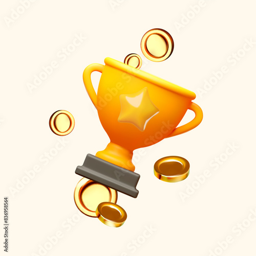 Win cup with flying coins. Achieve and competition victory. Gambling. Game win.