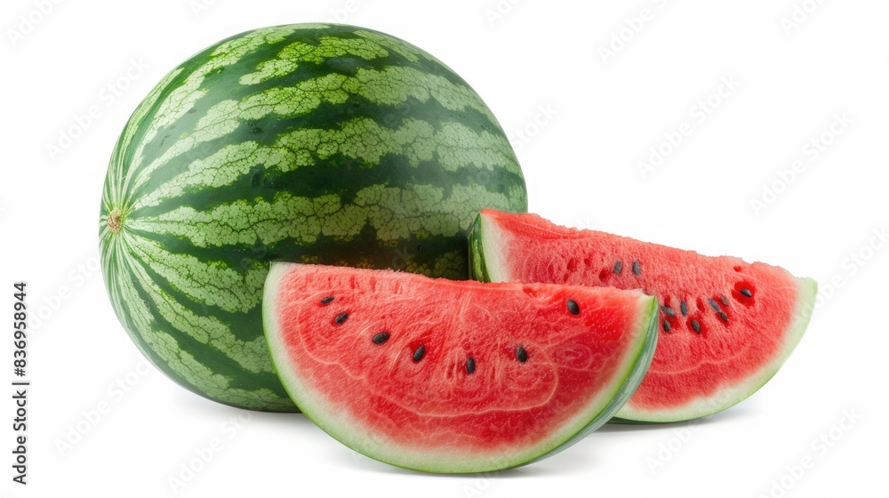 A detailed high-resolution image of a whole watermelon and a sliced piece, isolated on a white background with clipping path A detailed high-resolution image of a whole watermelon and a sliced piece, isolated on a white background with clipping path