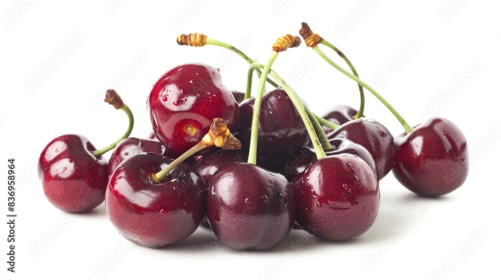 A high-resolution photo of a bunch of fresh cherries, isolated on a white background with clipping path