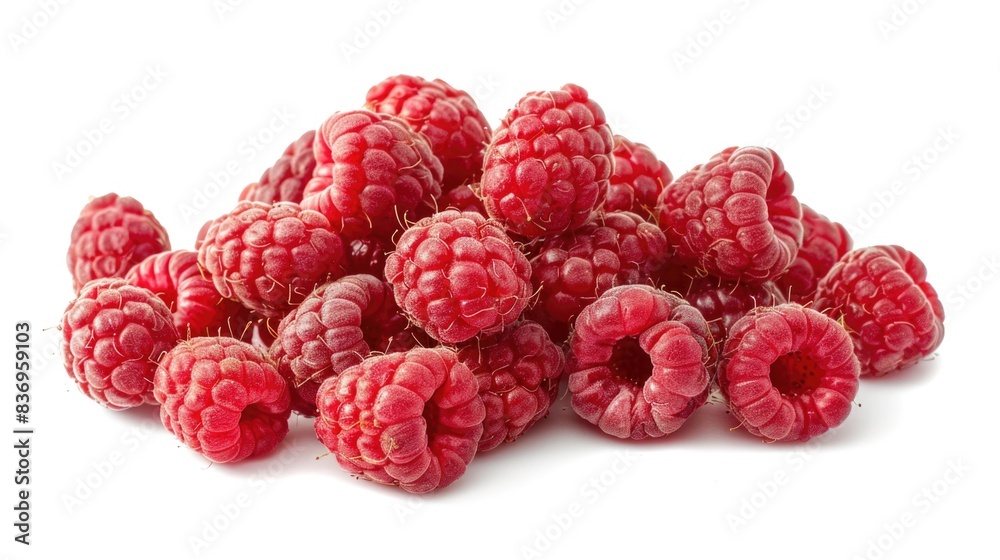A detailed high-resolution photo of fresh raspberries, isolated on a white background with clipping path A detailed high-resolution photo of fresh raspberries, isolated on a white background with clipping path