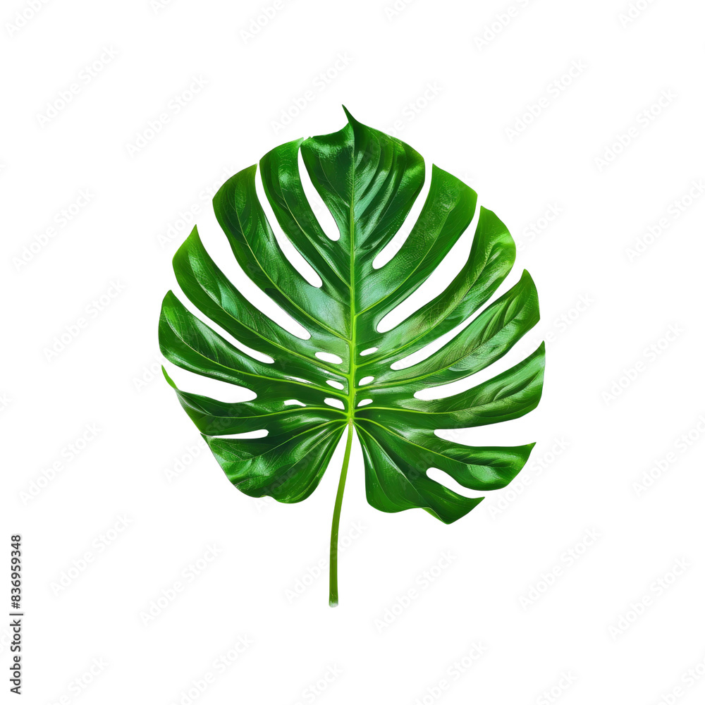 A Vibrant Monstera Leaf, Isolated On A White Background, Showcasing Its Iconic Shape