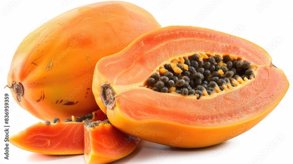 A detailed high-resolution image of a cut and whole papaya, isolated on a white background with clipping path A detailed high-resolution image of a cut and whole papaya, isolated on a white background with clipping path
