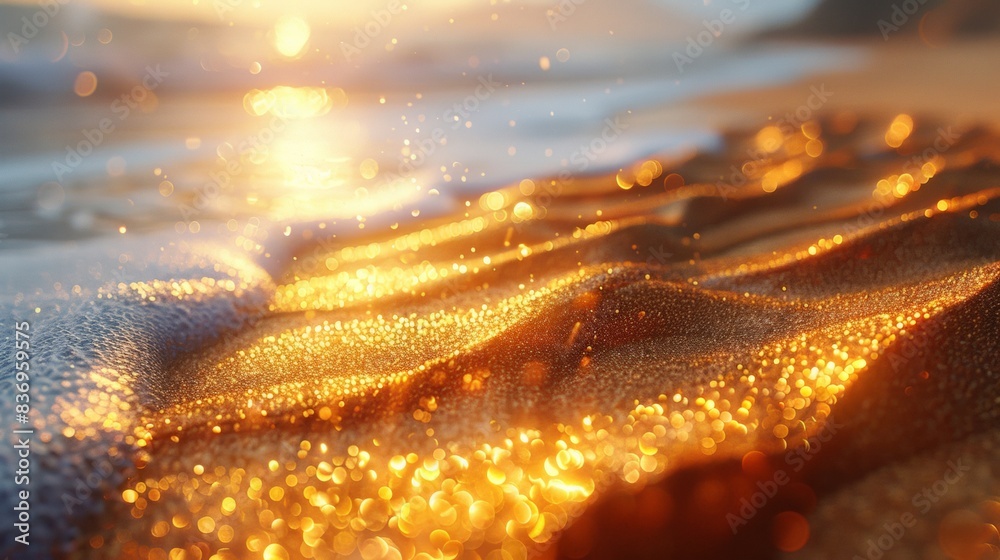 The image depicts a close-up view of sea waves during what appears to be sunset. The sunlight reflects off the water, creating a warm, golden glow The image depicts a close-up view of sea waves during what appears to be sunset. The sunlight reflects off the water, creating a warm, golden glow