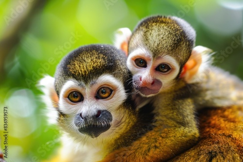 Monkies  Cute and Funny Baby Squirrel Monkey with Mother in Adorable Family Moment