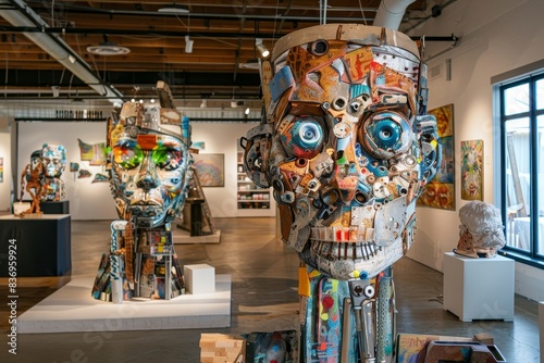 A contemporary art gallery featuring works made from recycled and repurposed items generated by AI