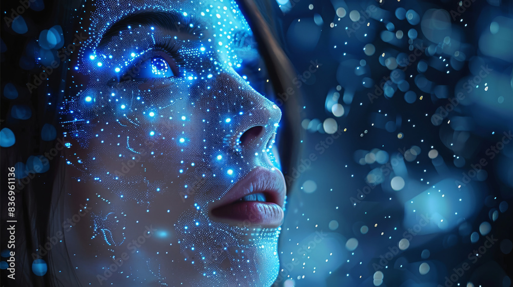 A beautiful woman surrounded in the style of digital data and code, a blue glow in the background, close up portrait, black background. Generative AI.