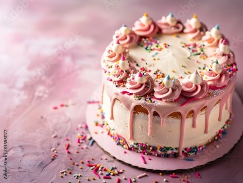 Delicate Pink Birthday Cake with Buttercream Frosting and Sprinkles on Minimalist Rose Background