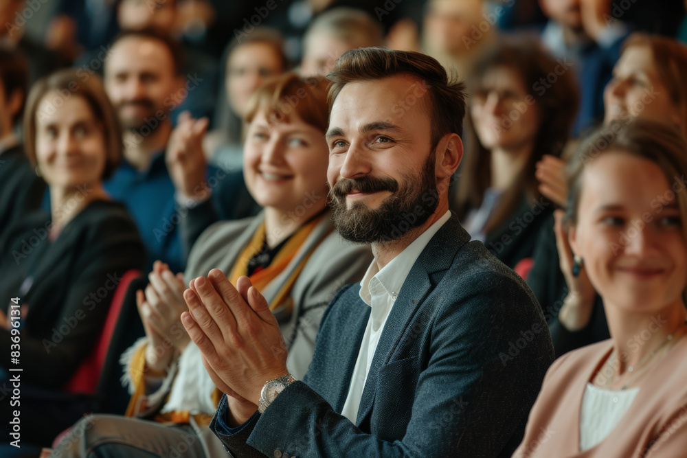 A side view of a diverse group of business people clapping and smiling at an event, showcasing camaraderie and success. A side view of a diverse group of business people clapping and smiling at an event, showcasing camaraderie and success.