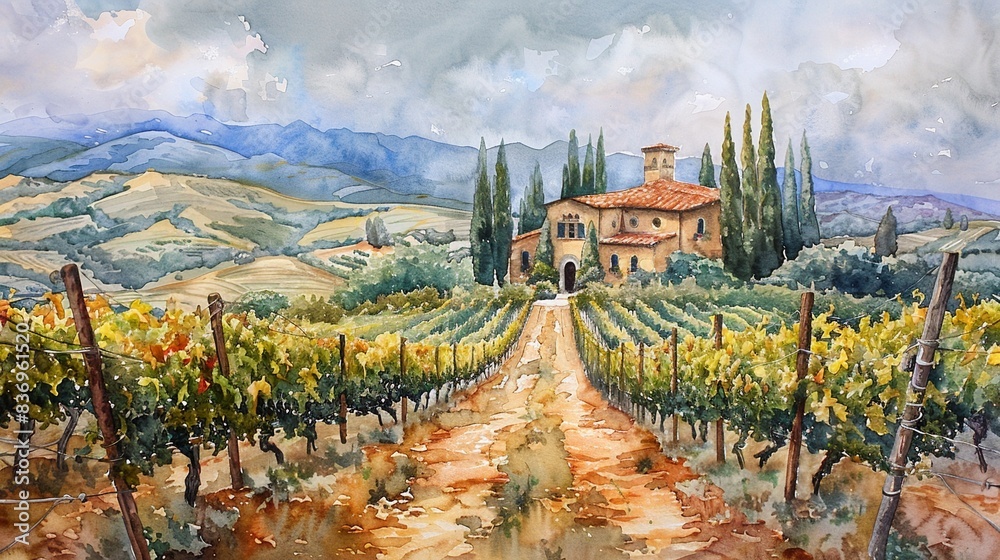 Naklejka premium Mediterranean Vineyard Soft pastels, rolling vineyards, Watercolor, Rustic, Idyllic