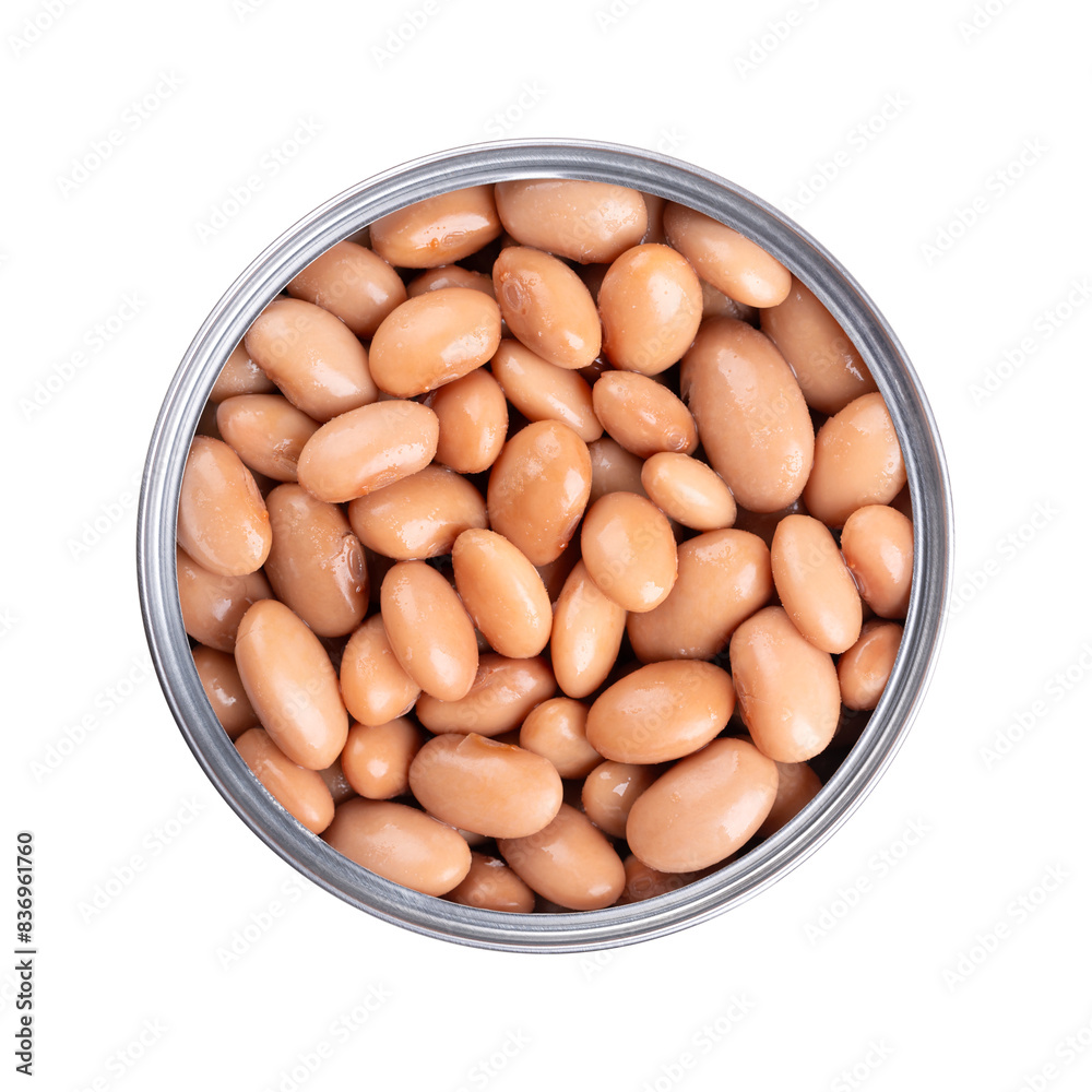 Borlotti beans in opened can. Cooked and canned cranberry beans, a hazelnut-colored variety of the common bean, Phaseolus vulgaris. Vegetarian staple food. Isolated, from above close-up food photo. Borlotti beans in opened can. Cooked and canned cranberry beans, a hazelnut-colored variety of the common bean, Phaseolus vulgaris. Vegetarian staple food. Isolated, from above close-up food photo.