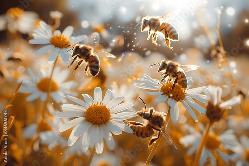 Bees flying in the air above flowers on a green meadow, during spring time in a nature landscape with bees and wildflowers on a sunny day. © MISHAL