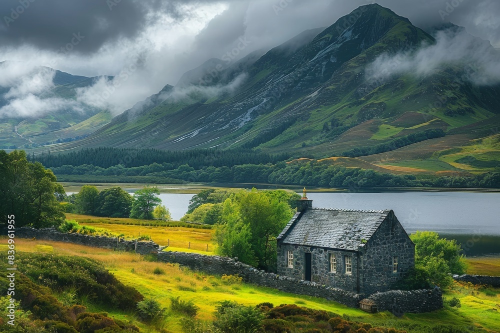Whiskey barrels placed in a Scottish scenery Whiskey barrels placed in a Scottish scenery