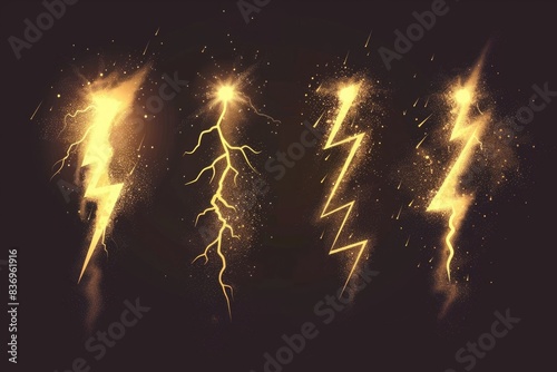 A set of bright lightning effects illuminating a dark and mysterious background  ideal for use in scenes requiring dramatic lighting or atmospheric ambiance