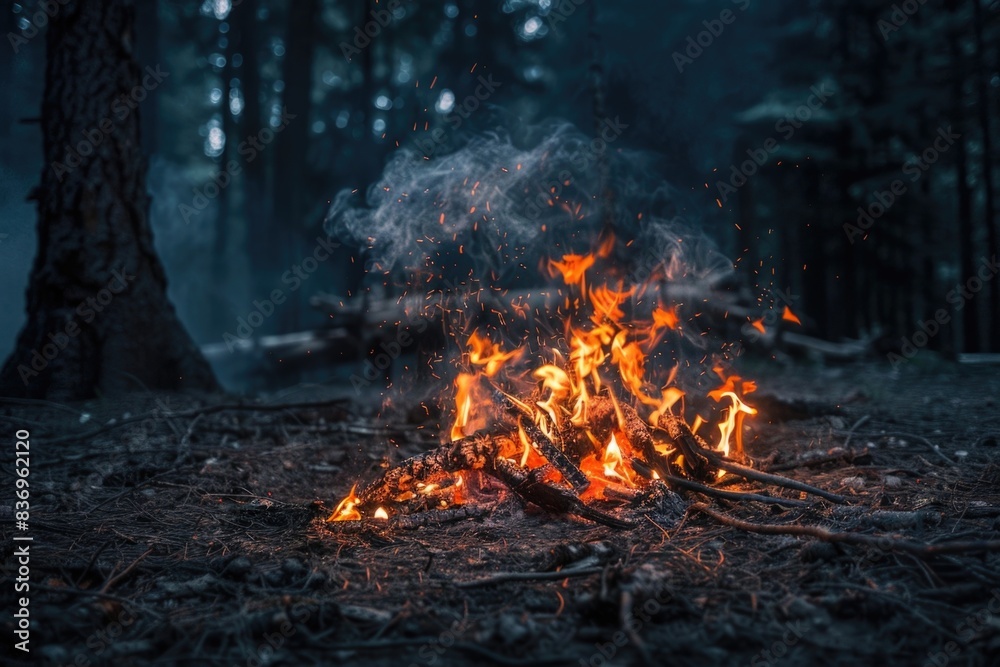 A campfire burning in the middle of a forest A campfire burning in the middle of a forest