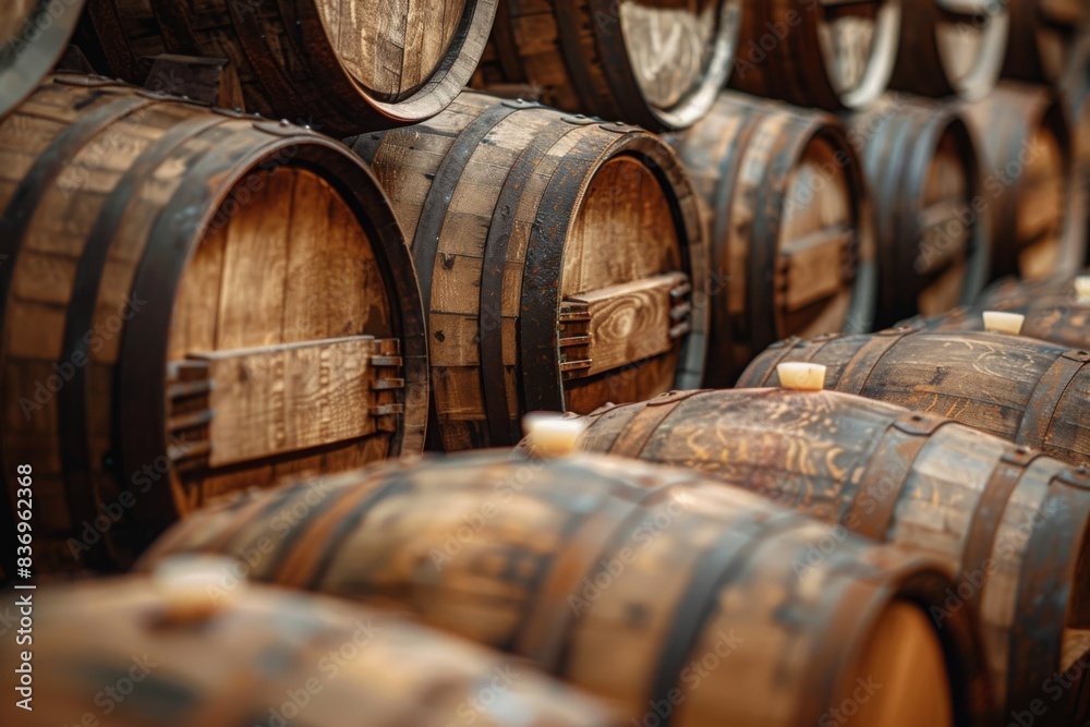 Many wooden barrels lined up in a room, creating a uniform and organized display. Many wooden barrels lined up in a room, creating a uniform and organized display.