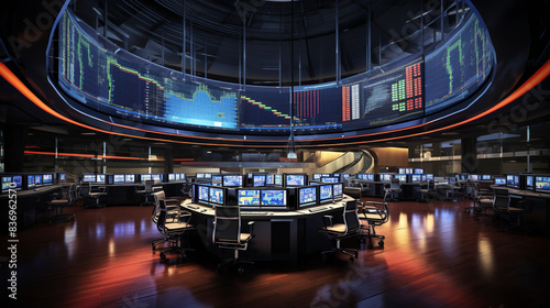 A panoramic view of a trading floor with screens displaying candlestick charts, capturing the rhythm and flow of market activity.