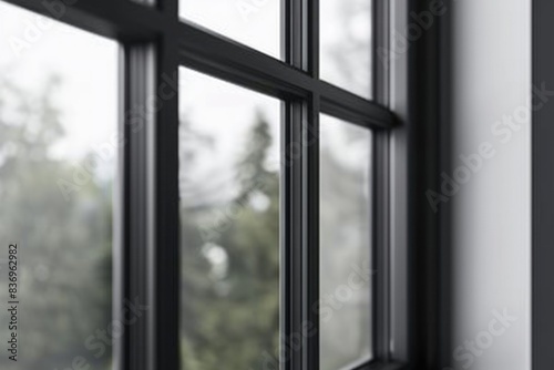 A black and white photo of a window with trees in the background  suitable for use in designs related to nature or architecture