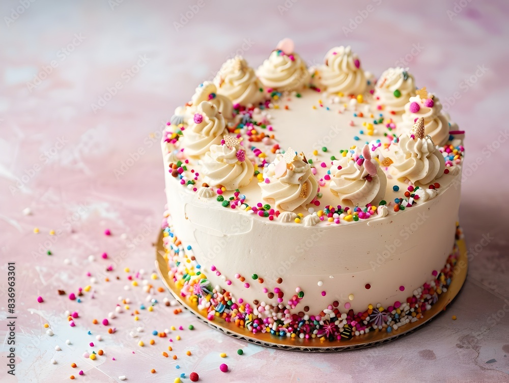 Delectable Birthday Cake with Vibrant Sprinkles on Plain Light Pink Background Delectable Birthday Cake with Vibrant Sprinkles on Plain Light Pink Background